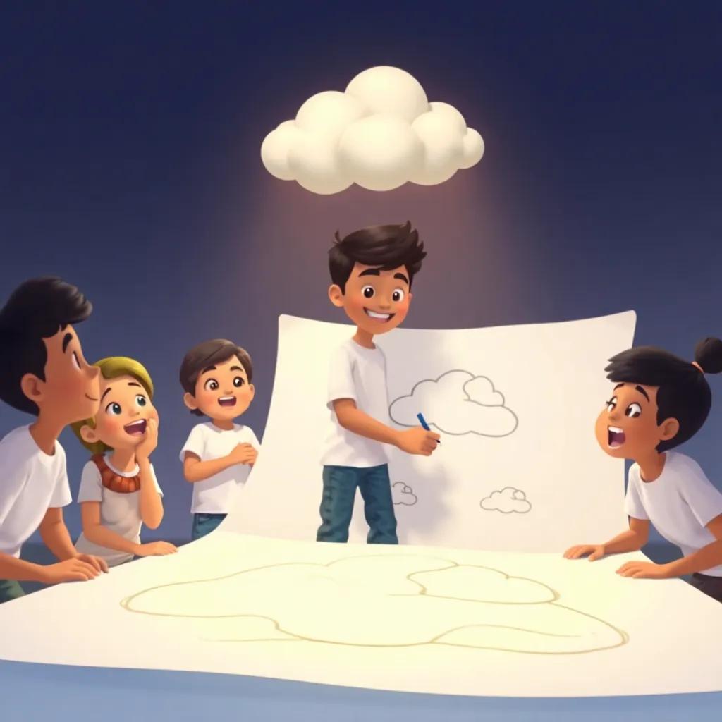 Sami, a young Arab boy with short black hair in a white t-shirt and jeans, drawing a big cloud catcher on a big piece of paper, surrounded by excited friends, illustration, engaging, warm light, child-friendly
