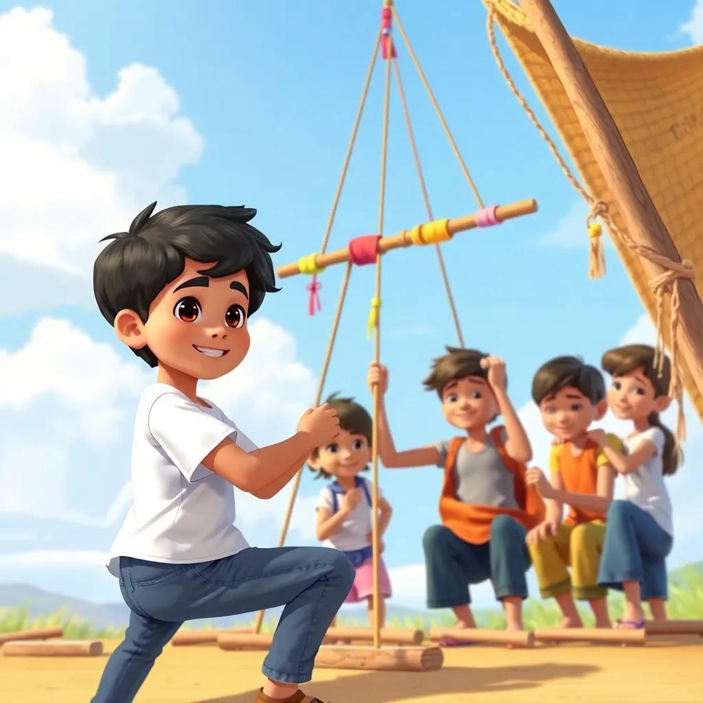 Sami, a young Arab boy with short black hair in a white t-shirt and jeans, building the cloud catcher with colorful fabrics and wooden sticks, his friends working together happily, digital painting, lively, teamwork spirit