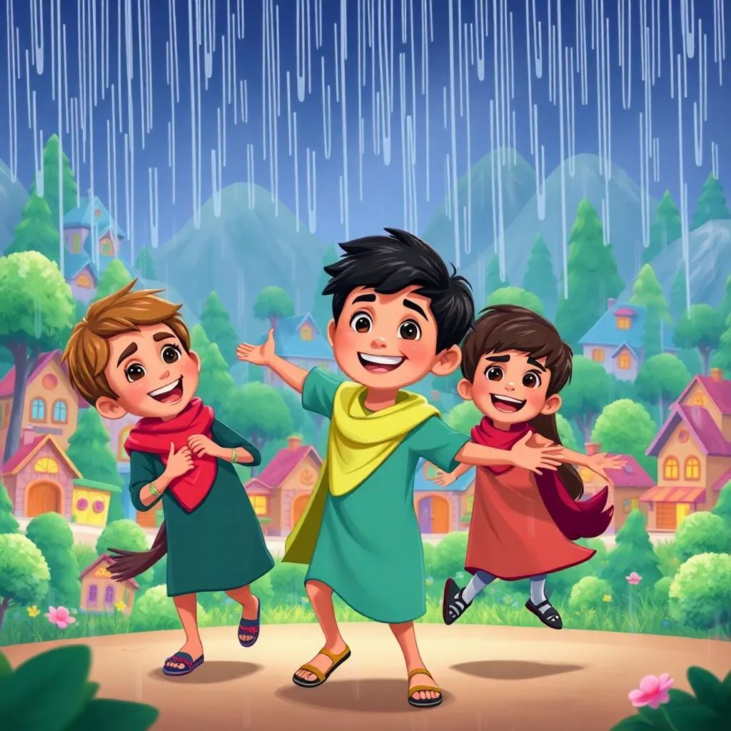 Sami and his friends under the rain, joyful and dancing with wide smiles, surrounded by a vibrant village full of green trees and houses, illustration, heartwarming, festive