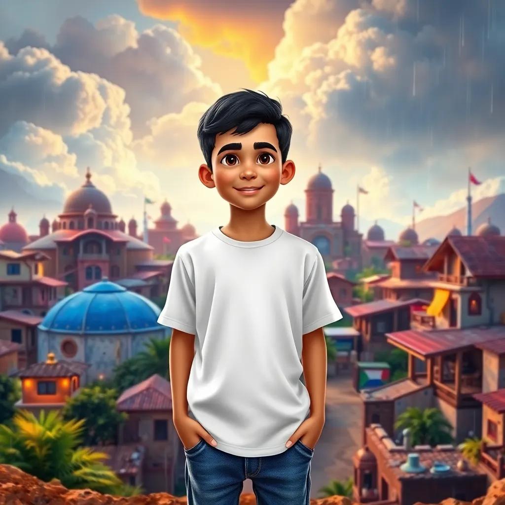 Sami, a young Arab boy with short black hair in a white t-shirt and jeans, standing proudly in front of a cheering village, with portraits of clouds and rain behind him, digital art, vibrant colors, inspiring atmosphere