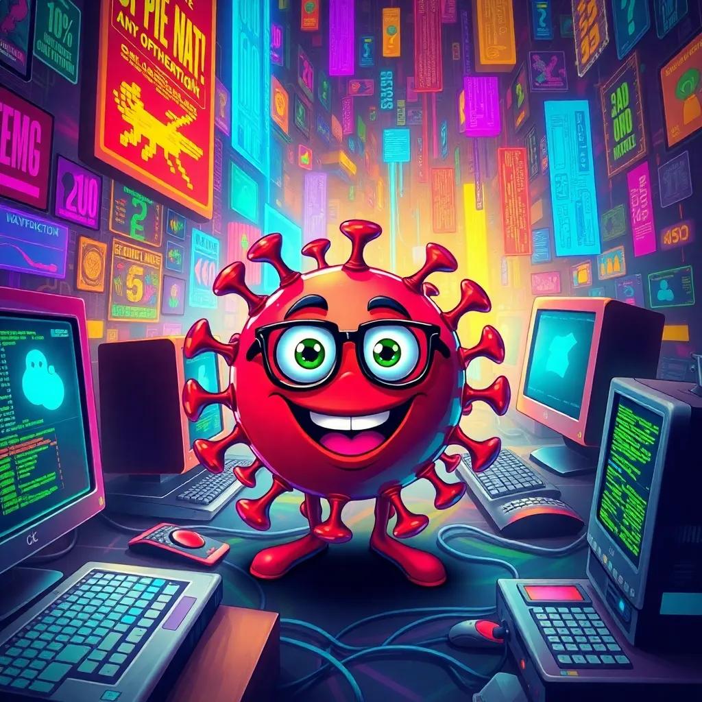 A lively digital landscape filled with computers and data streams, featuring a playful virus character named Bragem, smiling and wearing glasses, surrounded by colorful graphics, digital art, vibrant colors, cheerful atmosphere, high quality