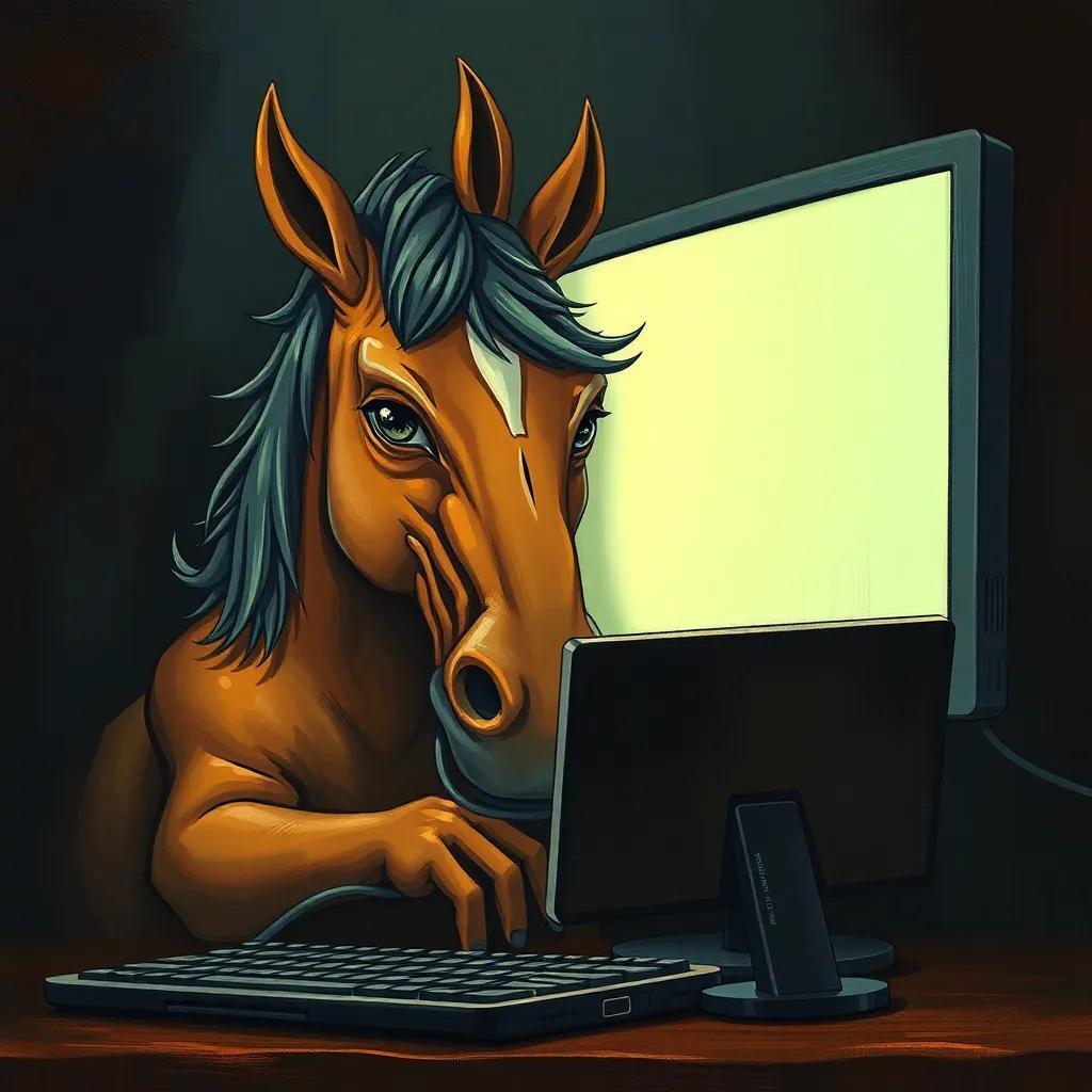 A mysterious Trojan horse lurking behind a computer, with a cautious expression, set in a dark cyber environment, illustration, dramatic lighting, shadowy colors, high quality