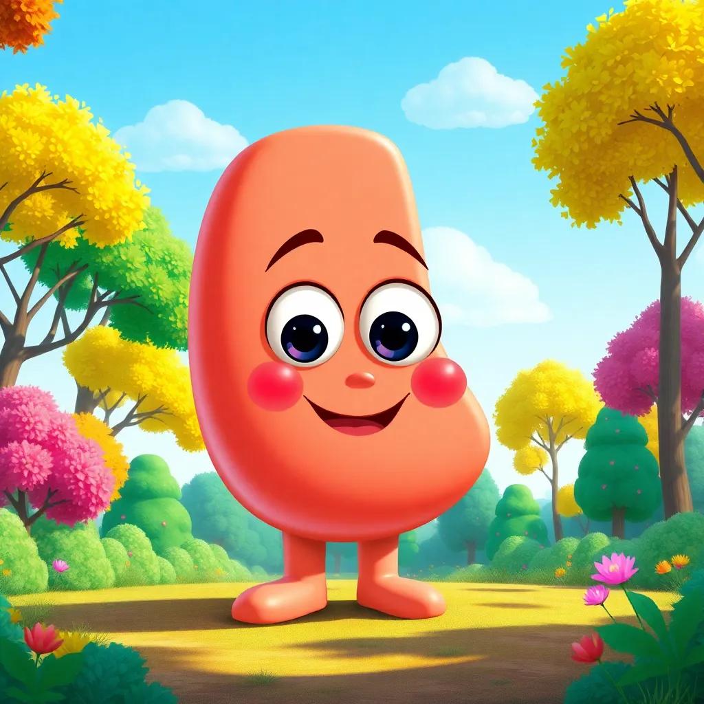 A big, friendly letter 'ق' with big eyes and a smiling face, standing in a sunny forest, colorful trees around, cheerful atmosphere, vibrant colors, detailed illustration, child-friendly