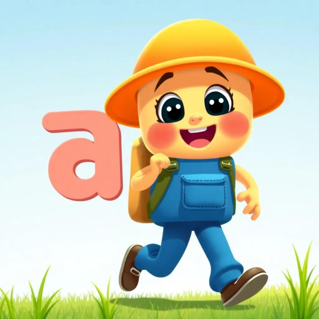 An adventurous letter 'ألف' with excited expression, wearing a small backpack, walking alongside 'ق', with green grass under their feet, bright blue sky, playful mood, illustration, children's book style