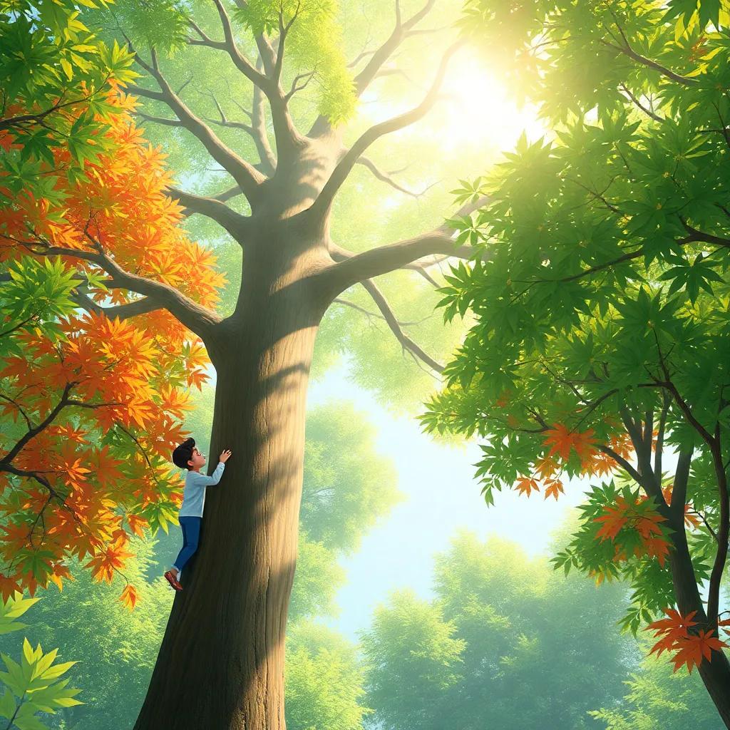 A beautiful and tall green tree in the background with 'ق' climbing its trunk and 'ألف' looking up in awe, colorful leaves, bright sunlight filtering through the branches, detailed illustration, cheerful atmosphere