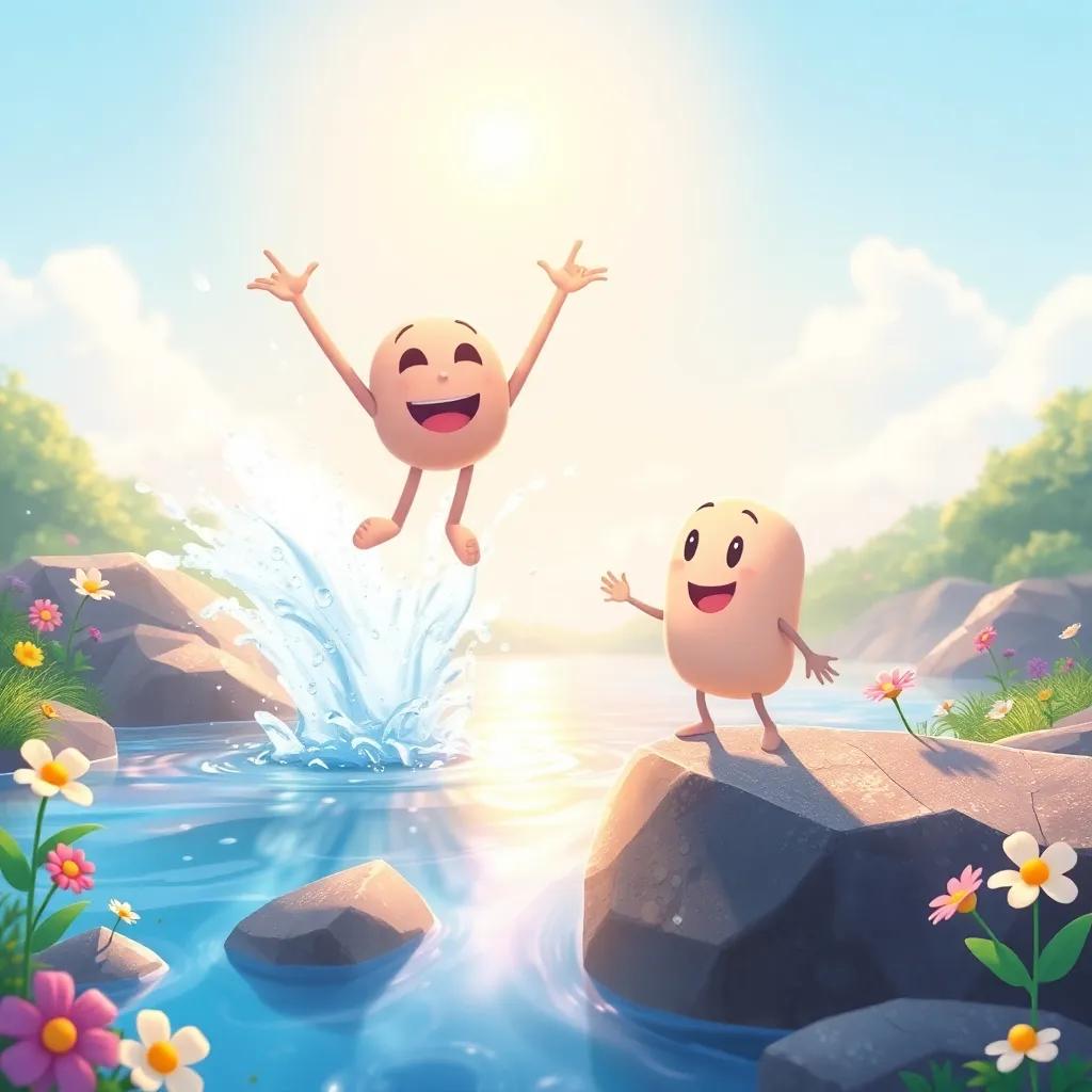 A splashing river with 'ق' jumping in joy while 'ألف' stands hesitantly at the edge, water droplets sparkling in the sun, colorful flowers around, inviting scenery, illustration, fun and playful