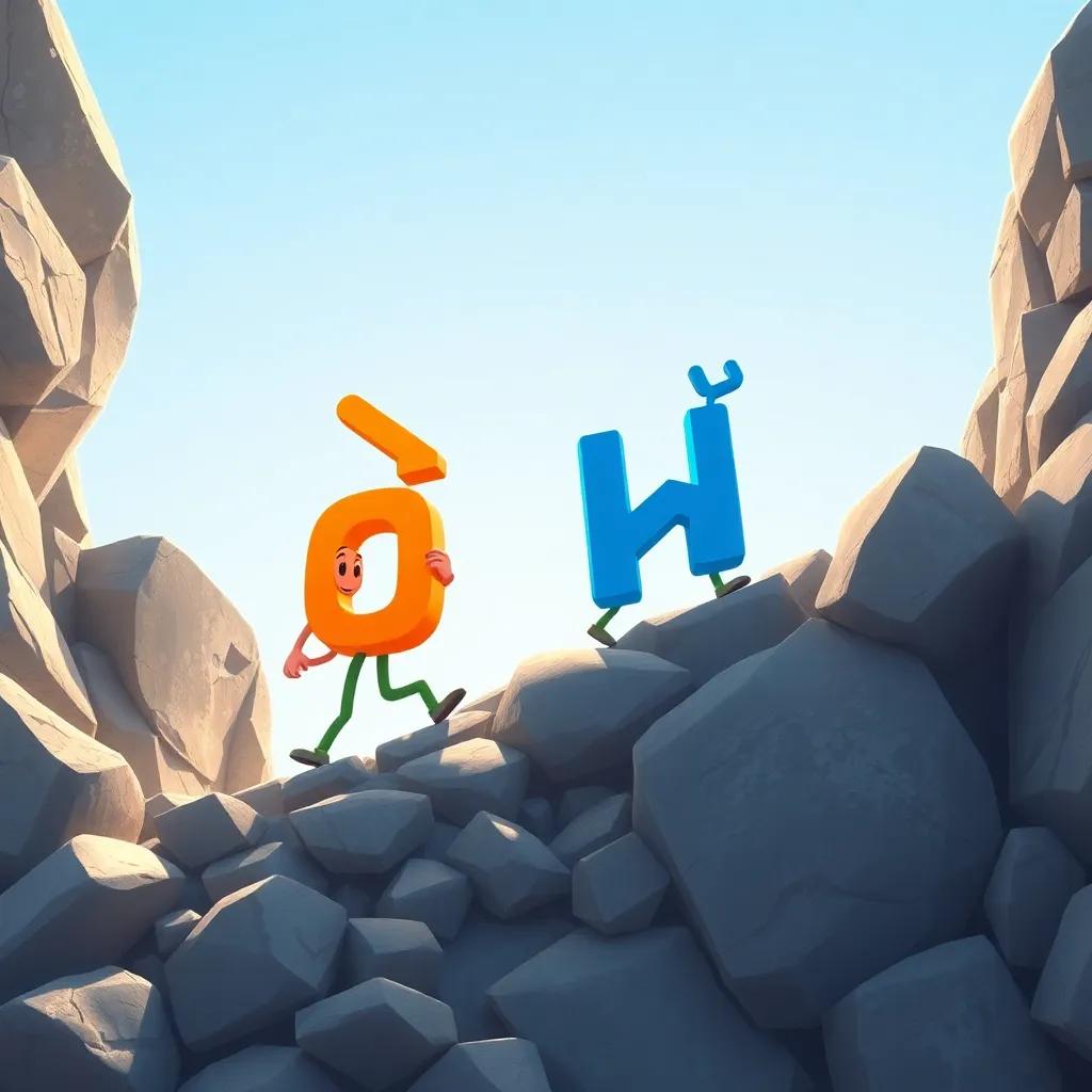 The two letters, 'ق' and 'ألف', climbing a rocky hill, with 'ق' leading the way and 'ألف' carefully following, big rocks around, bright sunlight, engaging scene, child-friendly illustration