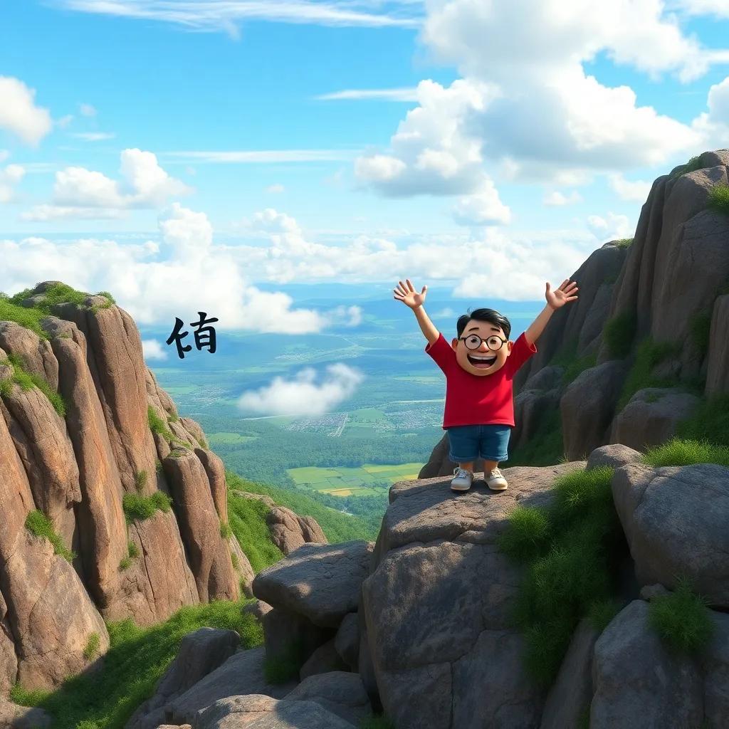 A view from the top of the rocky hill, with 'ق' celebrating and 'ألف' with a big smile, overlooking a beautiful green valley, clouds in the sky, colorful scenery, highly detailed, joyful