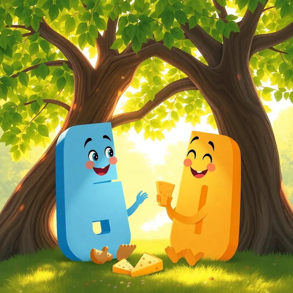 Both letters sitting under a big tree, sharing bread and cheese, smiling at each other, warm sunlight filtering through the leaves, friendly atmosphere, detailed illustration, inviting