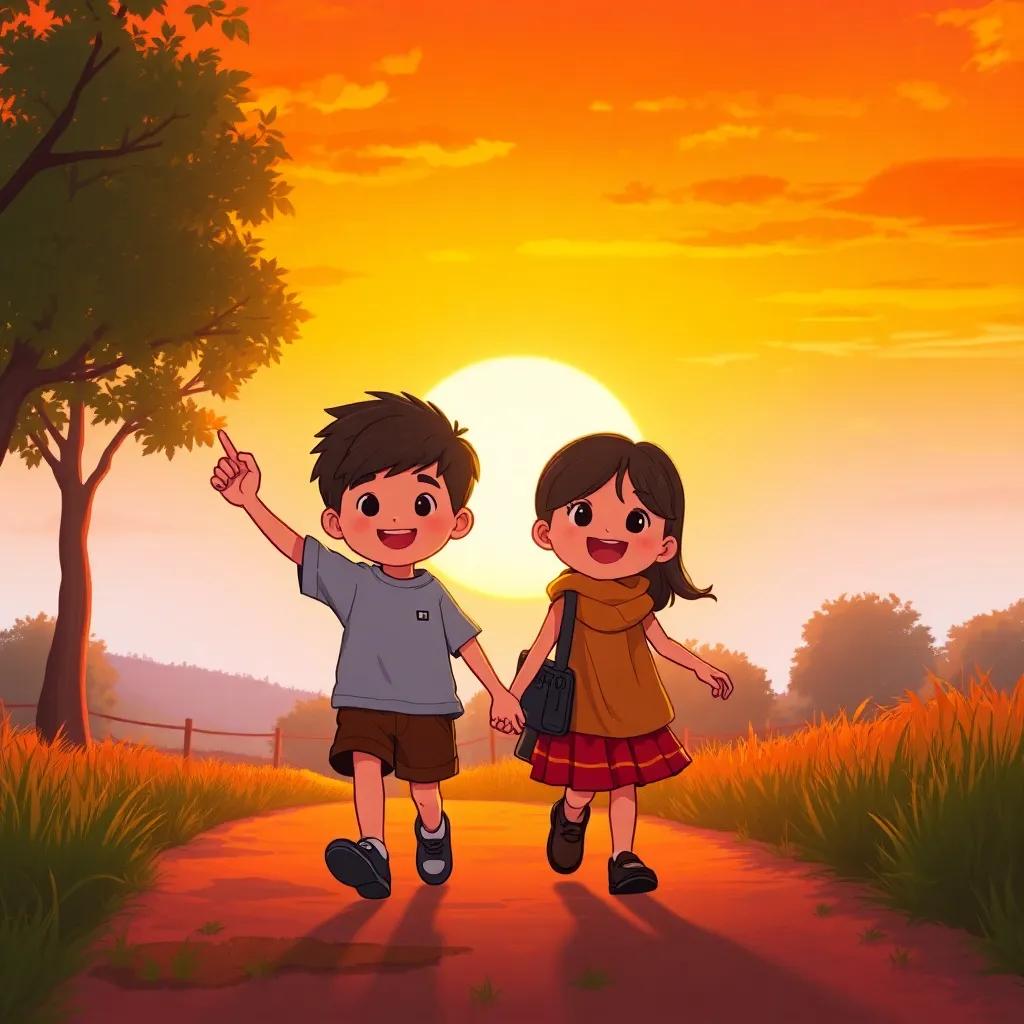 The sun setting behind the trees as 'ق' and 'ألف' walk back home, waving goodbye, warm colors filling the sky, happy expressions, charming scene, detailed art, friendly