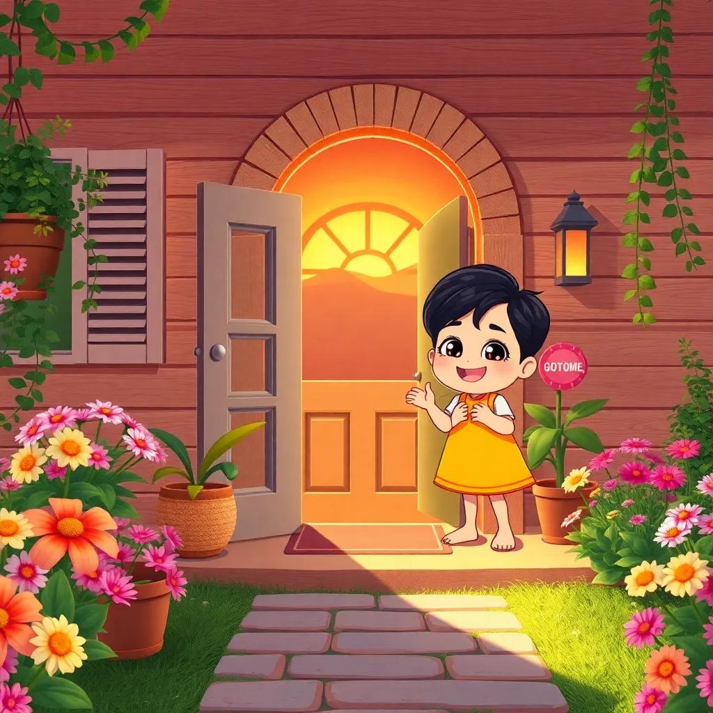 A cozy home area with 'ق' and 'ألف' saying goodbye at their threshold, with flowers in the garden and a beautiful sunset, cheerful atmosphere, highly detailed, inviting illustration