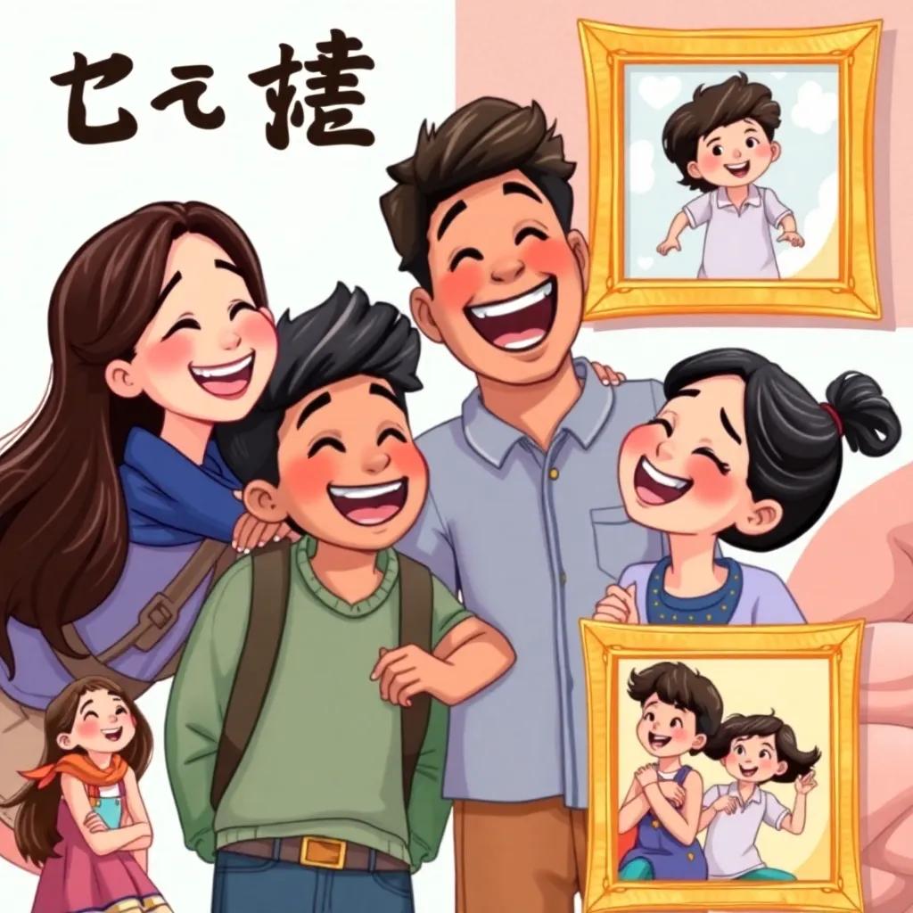 A collage of adventures with 'ق' and 'ألف', featuring their happiest moments together with laughter and fun in colorful frames, bright and playful, illustrated storybook style