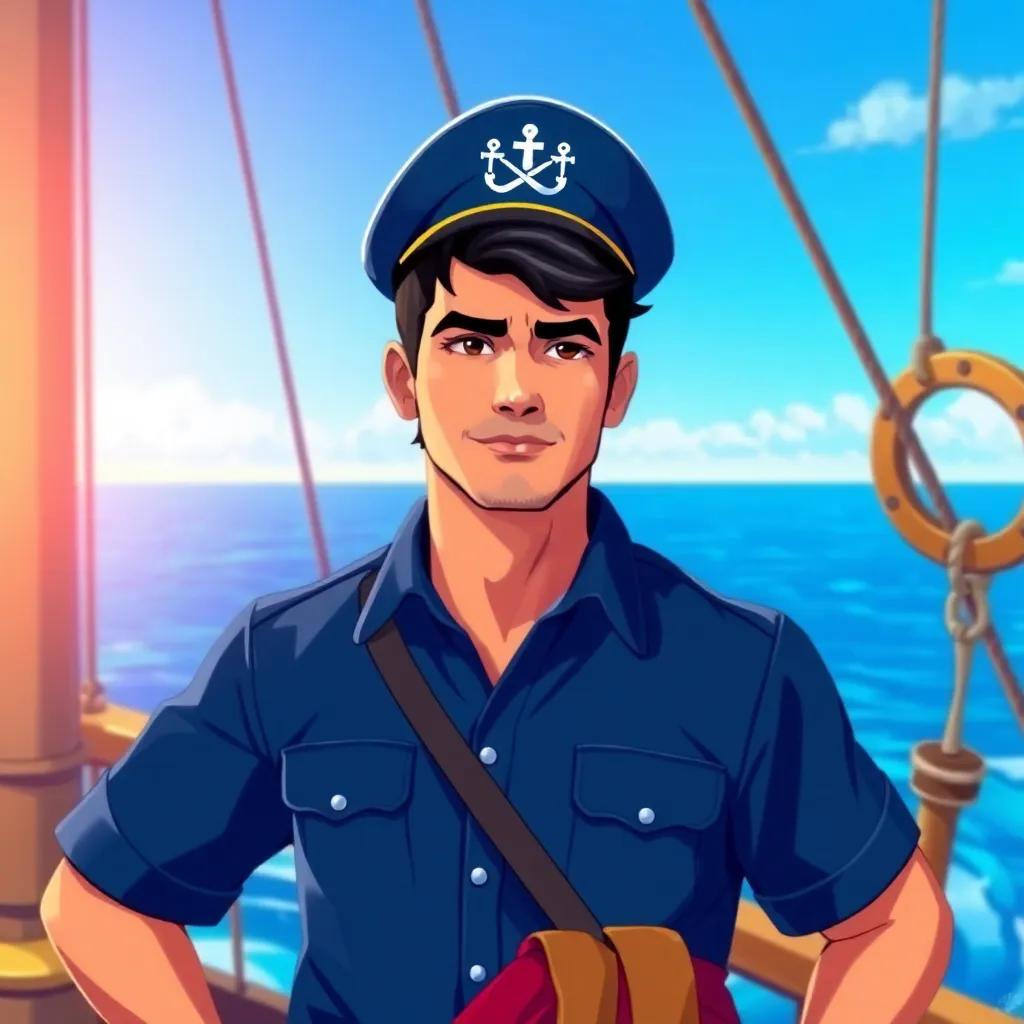A brave captain, Tarek, with short dark hair wearing a navy blue shirt and captain's hat, standing proudly on his ship with a bright blue sea in the background, digital art, vibrant colors, adventurous atmosphere, high quality