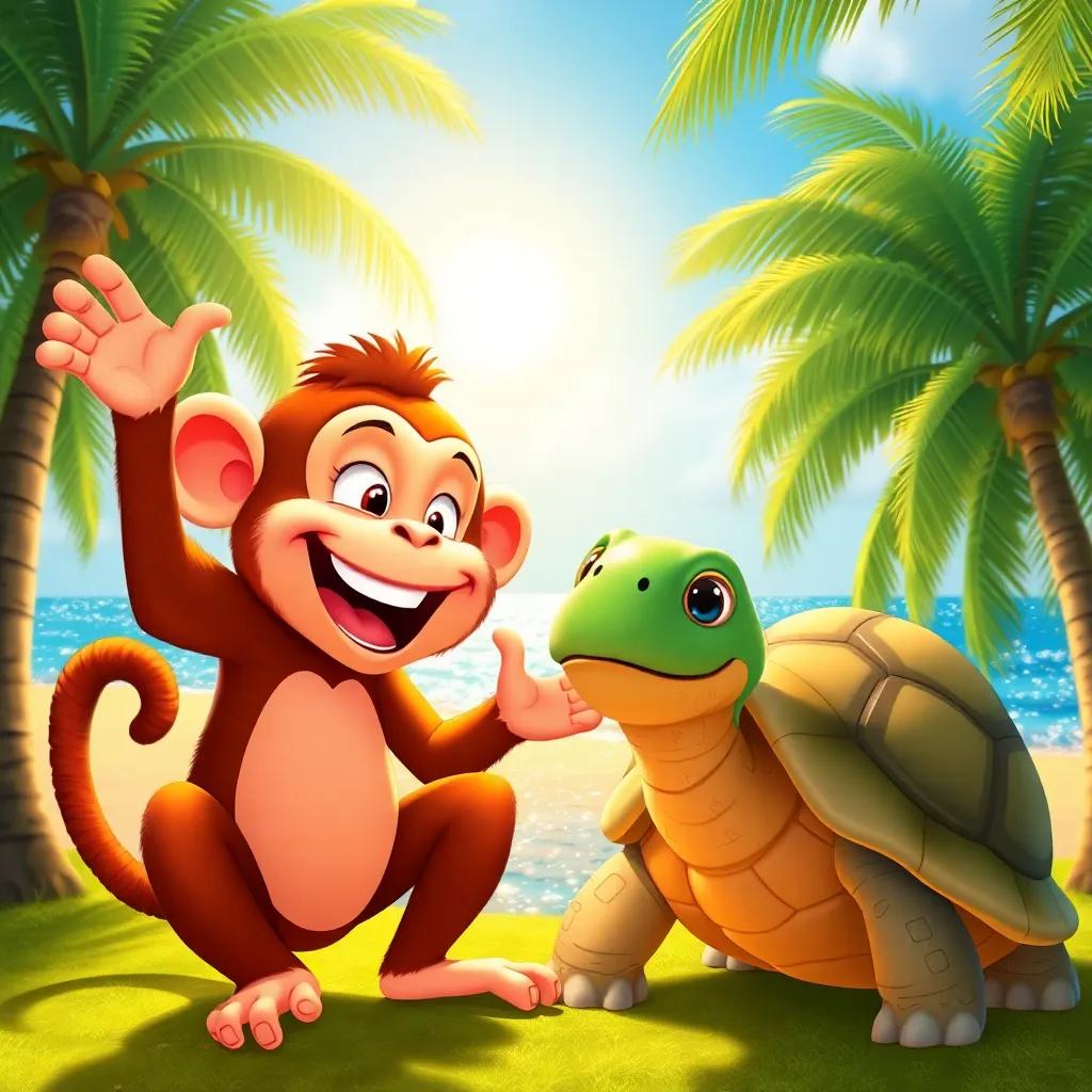A cheerful monkey excitedly planning with a wise turtle under a bright sun, with lush coconut trees and a sparkling sea in the background, digital art, vibrant colors, cheerful atmosphere