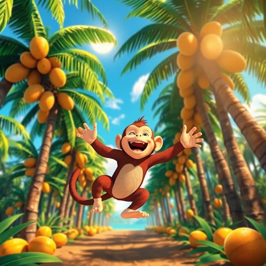 The monkey leaps joyfully toward the coconut trees, laughter all around, with coconut fruits shining under the sun, colorful, lively, dynamic perspective