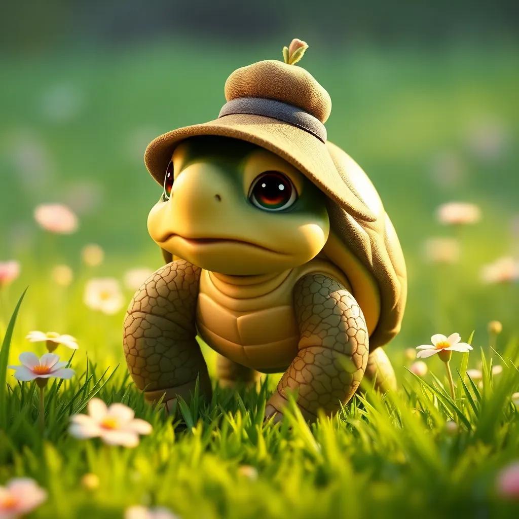 The turtle walking slowly with a determined expression, wearing a small hat, surrounded by green grass and soft flowers, child-friendly, detailed, warm light