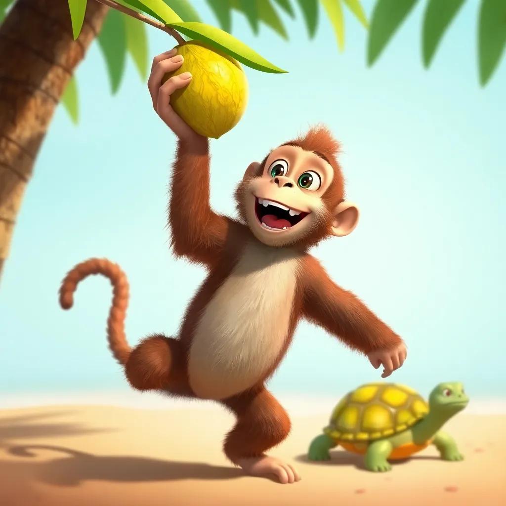 The monkey reaching up for a coconut, excitedly grabbing the fruit, while the turtle is seen moving steadily in the background, playful scene, bright colors, high quality