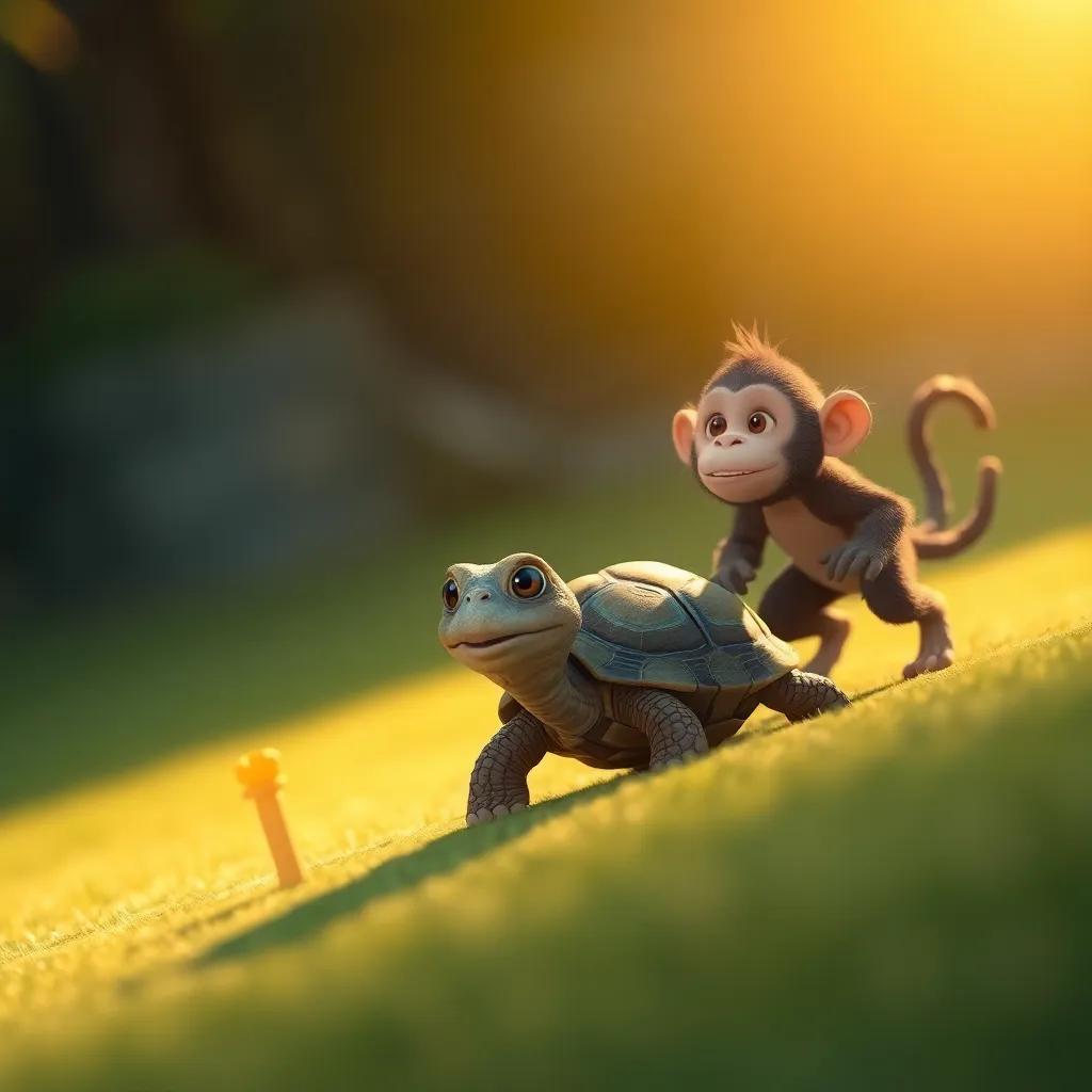 The turtle nearing the goal with a smile, while the monkey notices from afar, golden light and a gentle breeze, creating a sense of competition, engaging, warm tones
