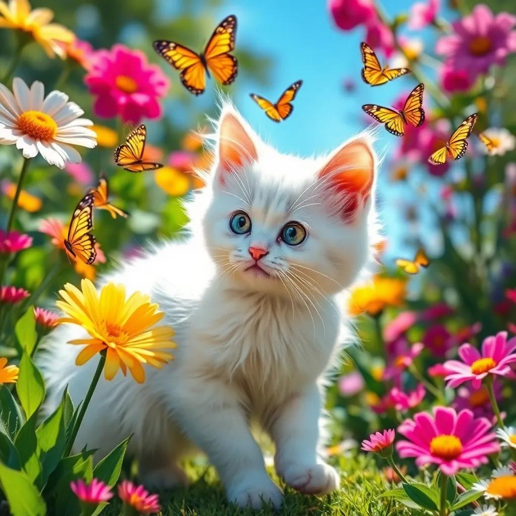 A beautiful garden scene with colorful flowers and fluttering butterflies, depicting Laila the cat, a small fluffy white cat with green eyes, playfully chasing butterflies, bright sunlight, vivid colors, cheerful atmosphere, high quality