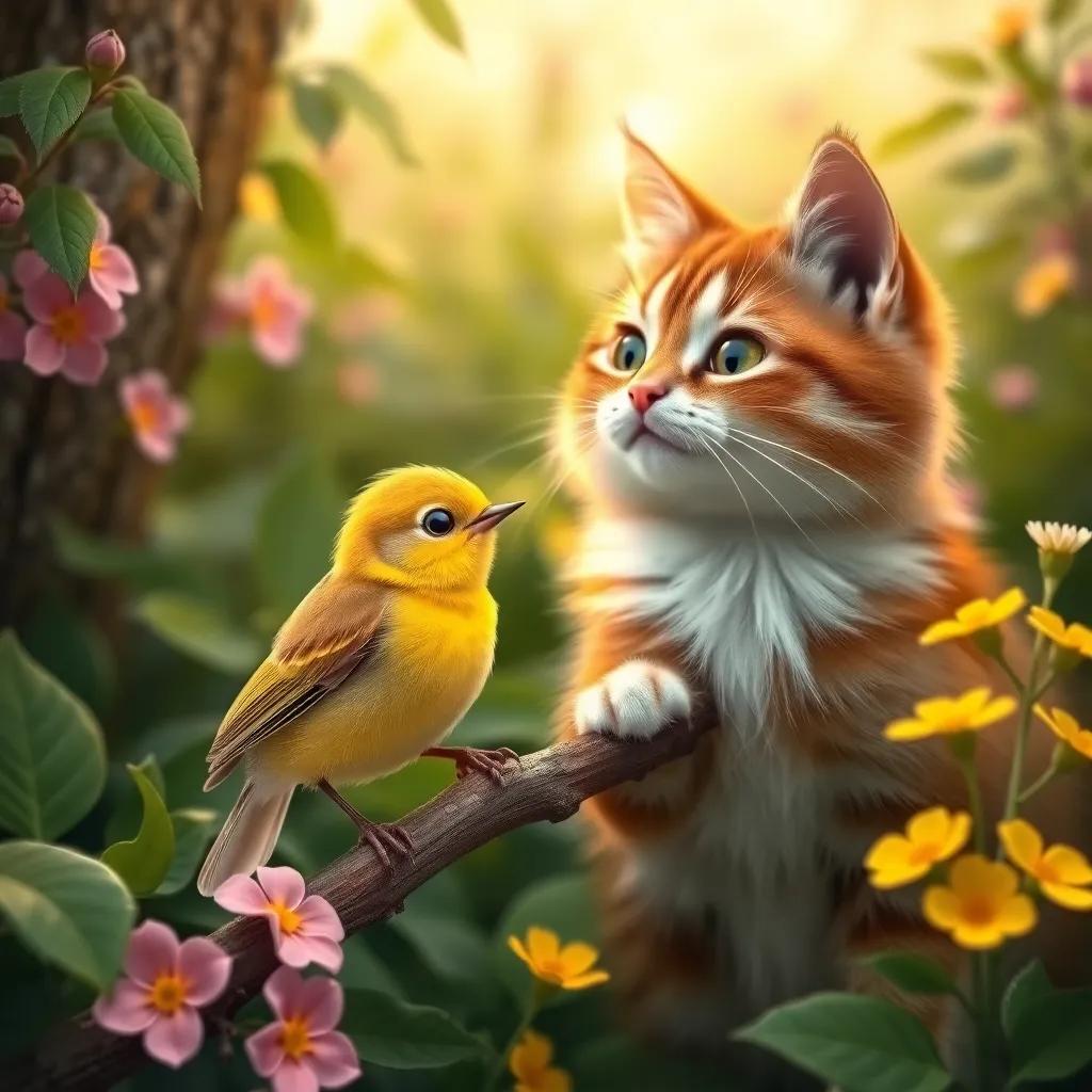 A small cheerful bird, with bright yellow feathers, perched on a branch, talking to Laila the cat, who looks curious and relieved, surrounded by lush green plants and flowers, vibrant colors, heartwarming scene, digital art, high quality