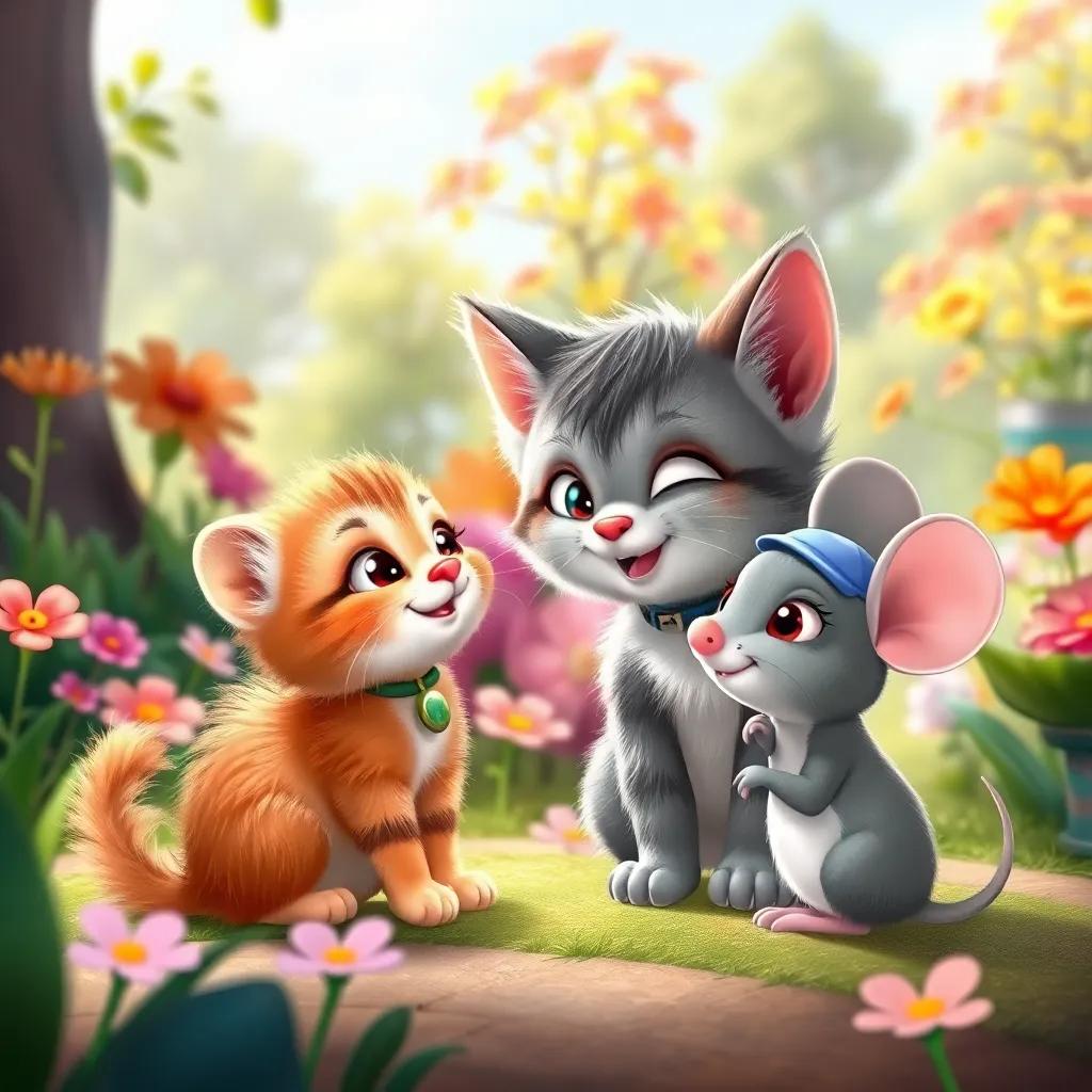 A playful kitten named Mia, a young cheerful cat with fluffy fur, wearing a tiny collar, talking animatedly to a little gray mouse named Remy, wearing a small cap, surrounded by a bright, colorful garden with flowers and trees, digital illustration, cheerful vibe, vibrant colors, heartwarming scene, high quality
