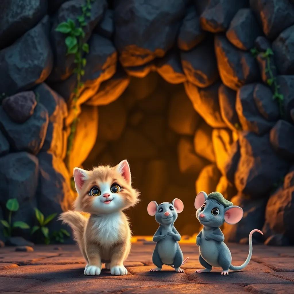 Mia, the playful kitten with fluffy fur, and Remy, the little gray mouse with a small cap, standing in front of a mysterious cave at the foot of a mountain, the entrance adorned with colorful stones and green vines, looking excited, digital art, adventure-themed, warm lighting, detailed, enchanting atmosphere, high quality