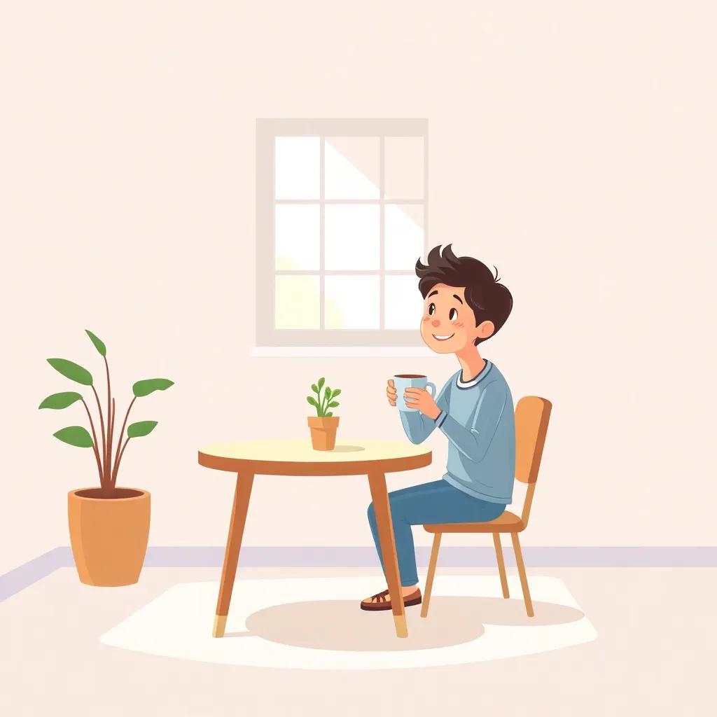 A minimalist room with a table, chair, and a potted plant. A person sitting at the table holding a coffee mug, smiling and looking at a friend, digital art, pastel colors, soft light, cheerful atmosphere, high quality