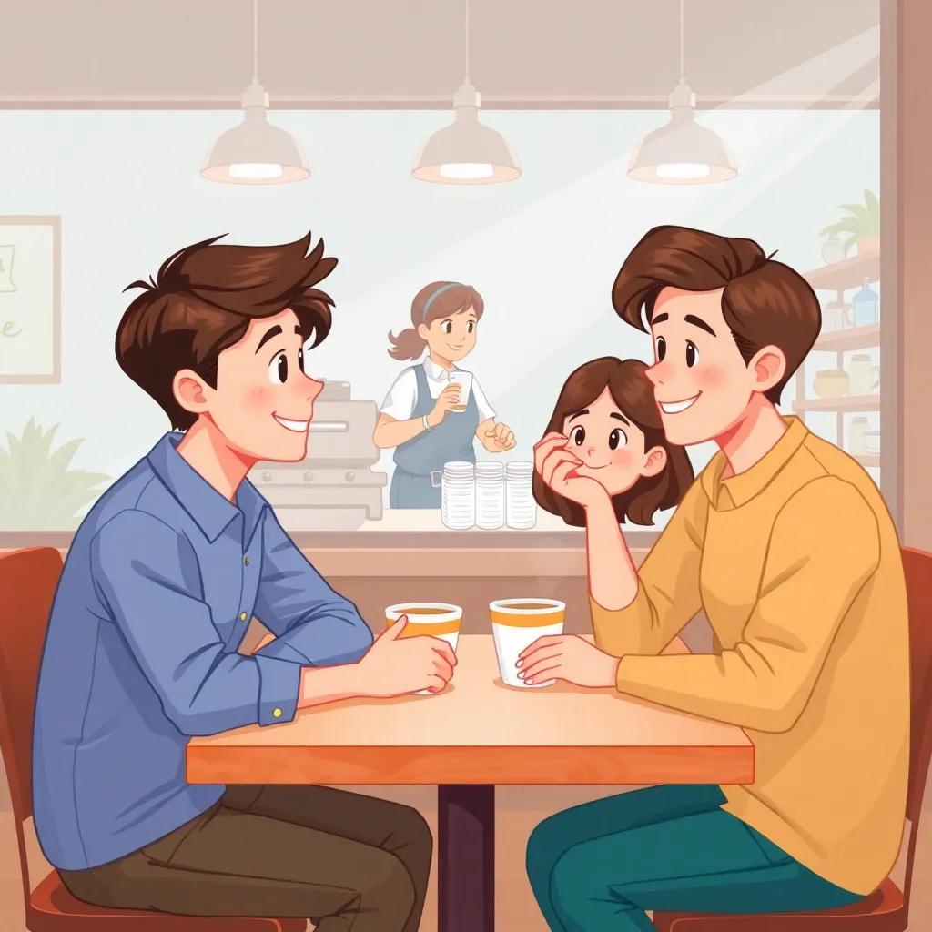 Two people sitting at a cafe table, enjoying coffee together, with a friendly barista visible in the background preparing drinks, digital art, light colors, inviting scene, happy expressions, high quality
