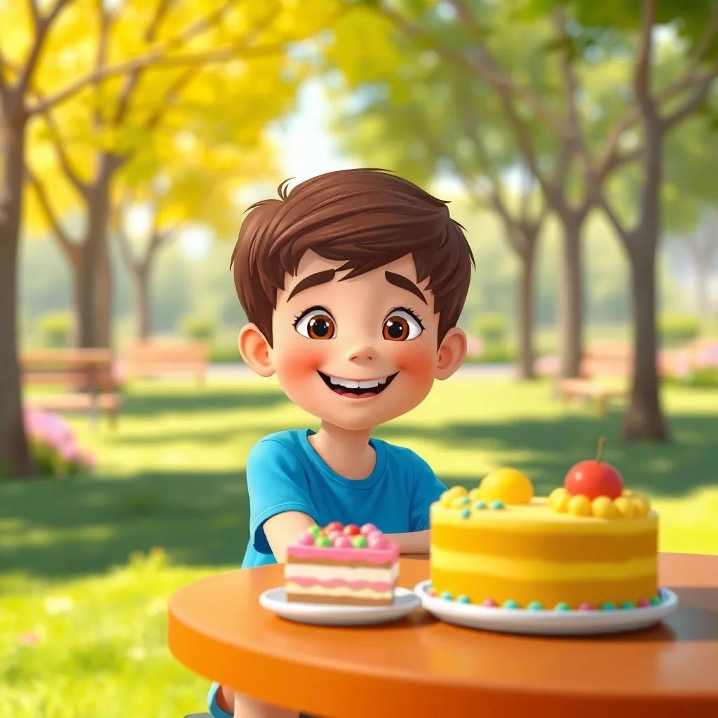 A cheerful boy named Fahad, 6 years old, with short brown hair, wearing a blue t-shirt and shorts, sitting at a table in a sunny park with colorful cake pieces, digital art, bright colors, joyful atmosphere, high quality