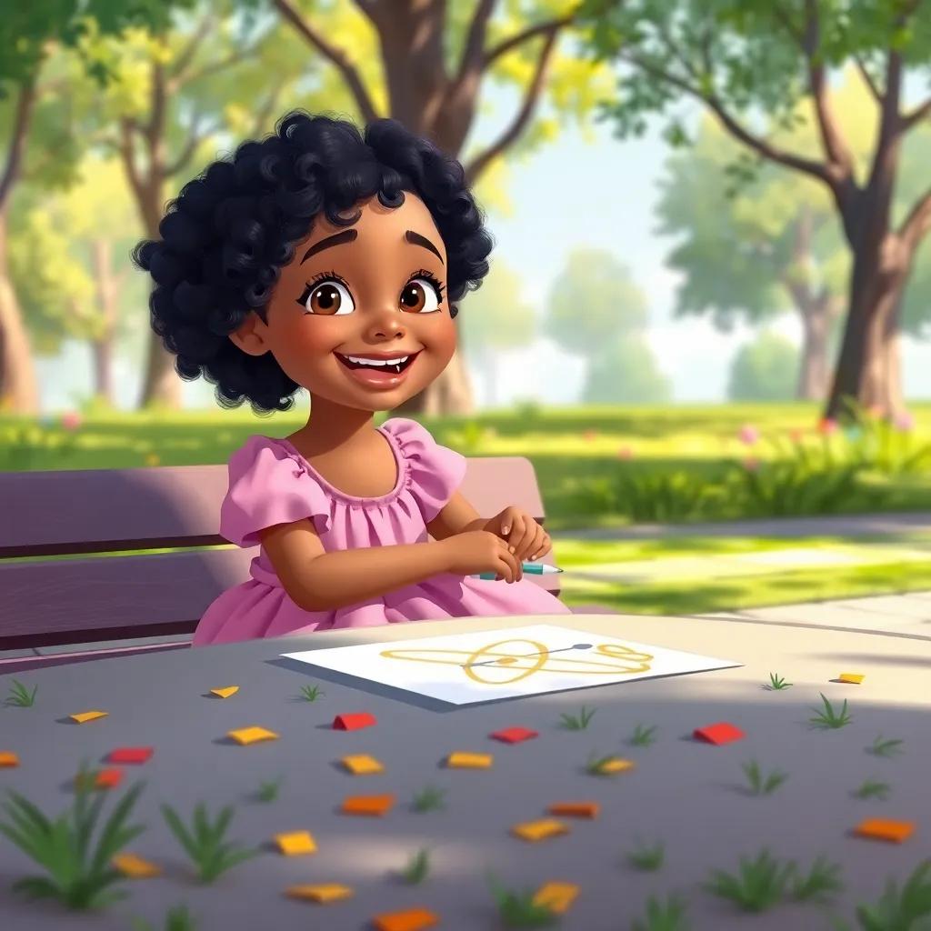 A happy girl named Somaya, 6 years old, with curly black hair, wearing a pink dress, sitting with Fahad at a table in a park, surrounded by pieces of grass and drawing on the ground, digital painting, colorful, playful scenery, high quality