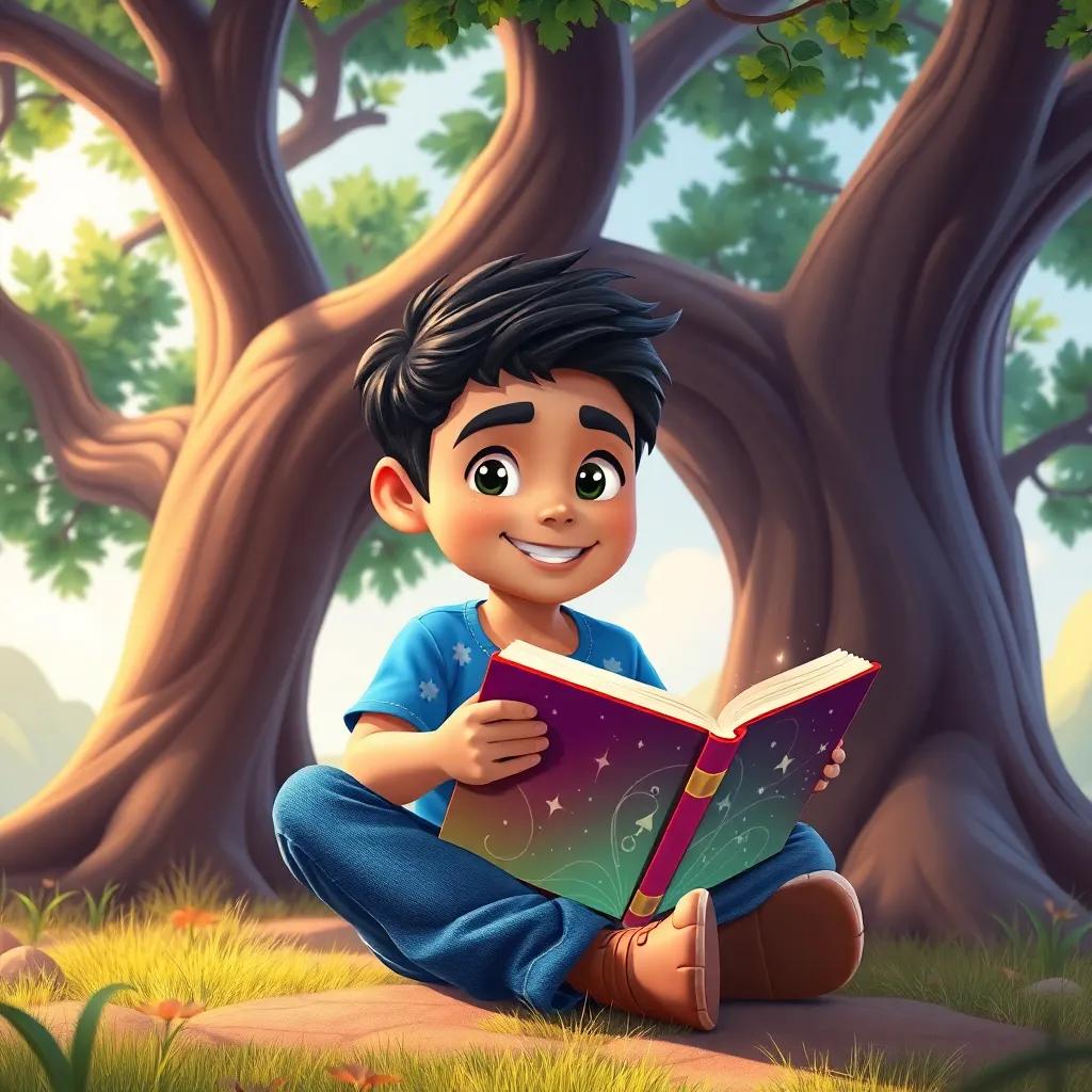 A young Arab boy, Ali, with short black hair, wearing a blue t-shirt and jeans, sitting under a large tree with a magical book, vibrant colors, cheerful atmosphere