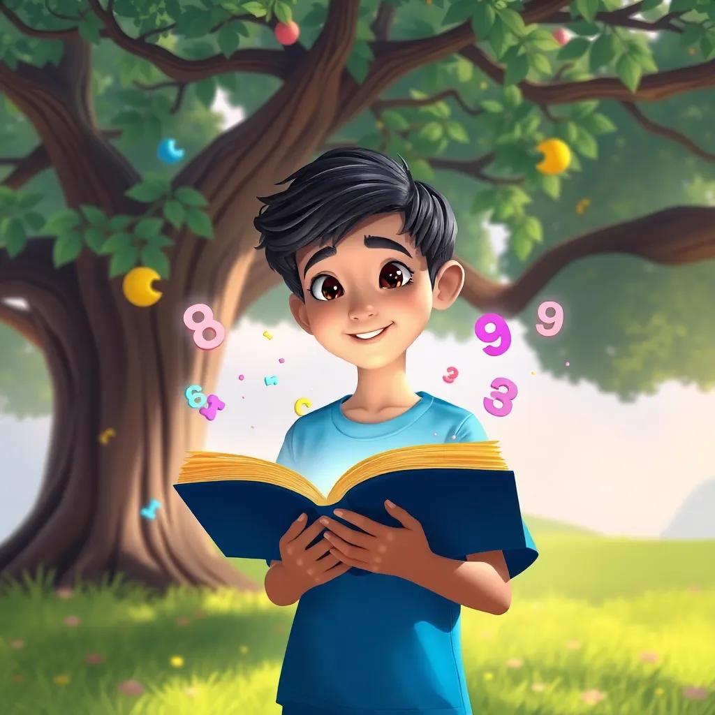 Ali, a young Arab boy with short black hair in a blue t-shirt, opening a magical book under a big tree, colorful shapes and numbers dancing around him, fantasy style, bright and inviting