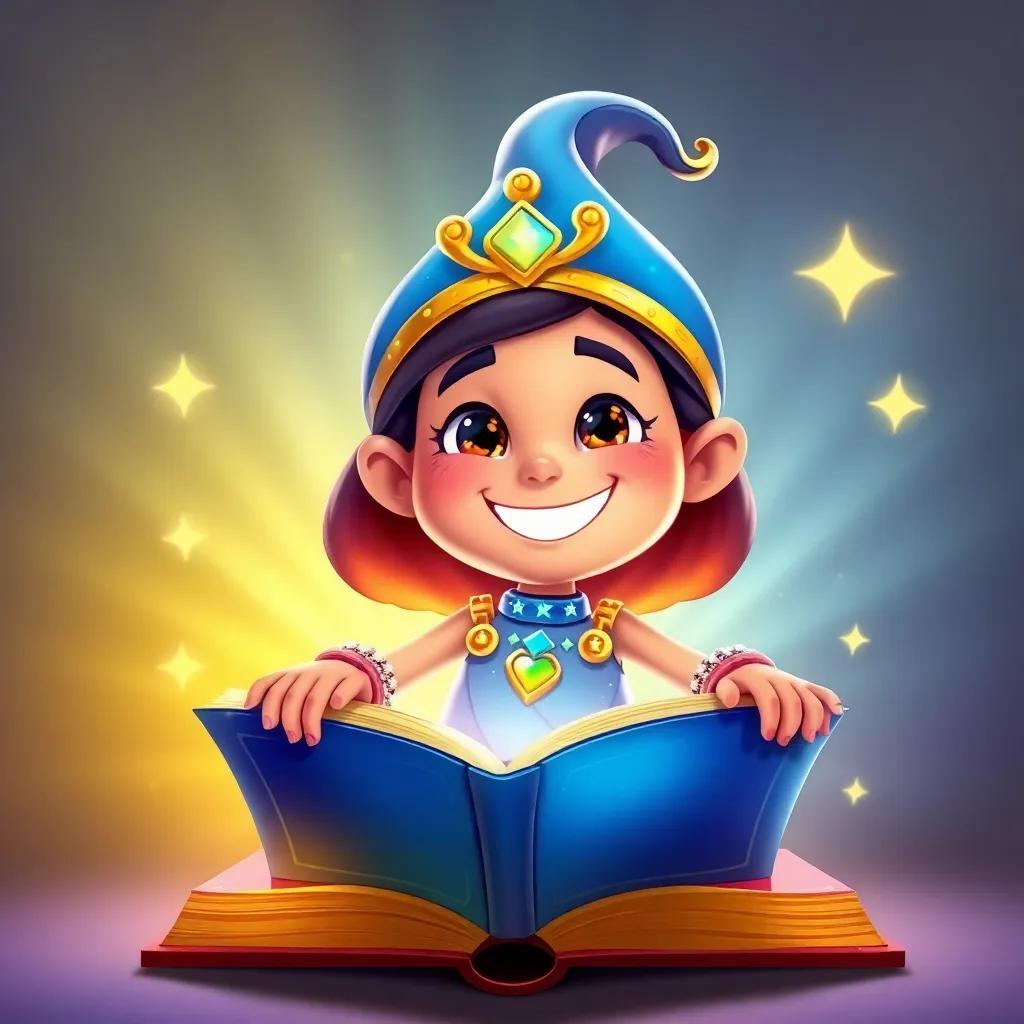 A friendly math genie, Loka, with a big smile and a sparkling outfit, emerging from the magical book, radiant colors, whimsical, child-friendly