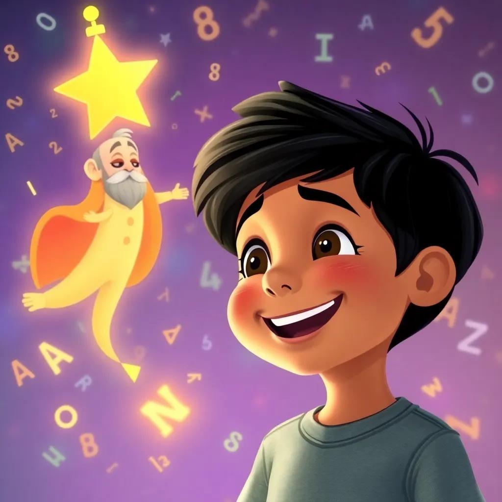 Ali, a young boy with a joyful expression, listening to Loka the math genie who is floating in front of him, with mathematical symbols swirling around them, enchanting illustration, colorful and engaging