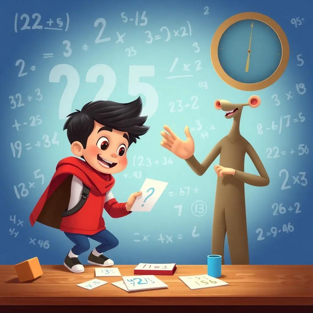 Ali, a young boy, actively solving math problems with Loka guiding him, surrounded by numbers and formulas, lively and dynamic, encouraging learning, cheerful atmosphere