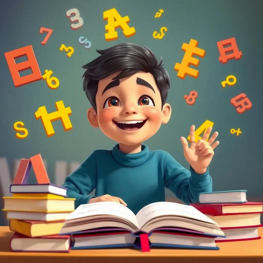 Ali, the boy happily learning with books and math symbols around him, showing joy in his face, colorful and educational scene, warm lighting and vibrant colors
