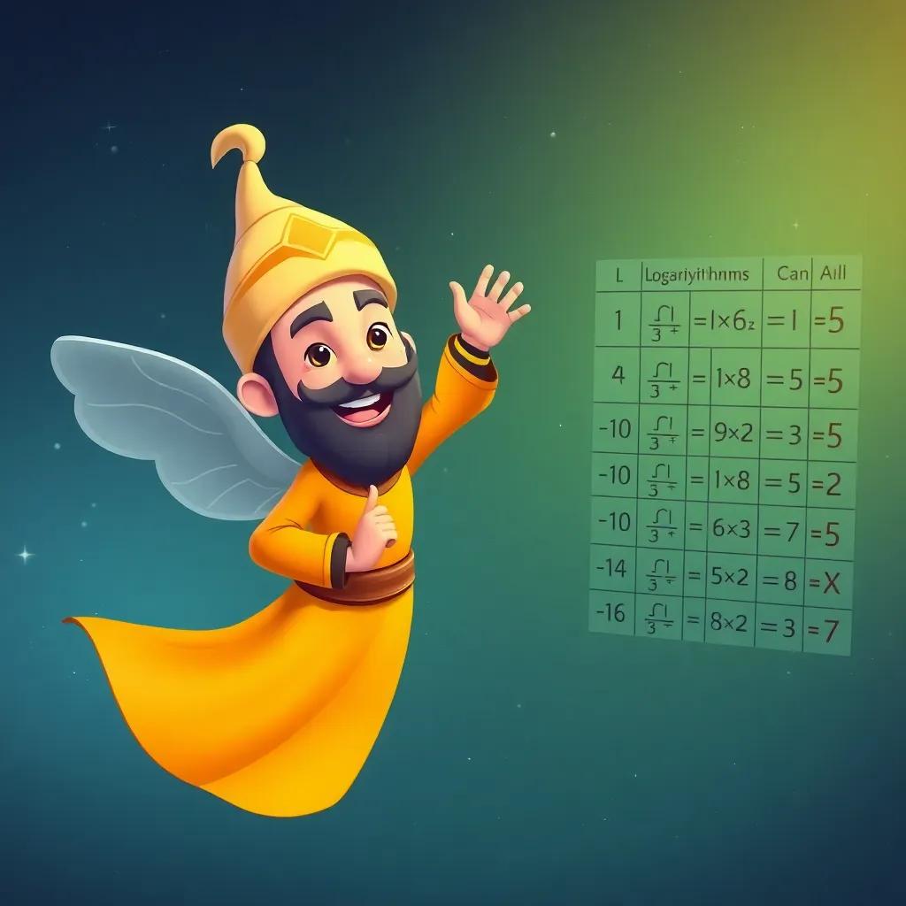 Loka, the math genie, flying beside Ali, smiling and gesturing towards a chart of logarithms and exponents, fun and illustrative, magical vibe