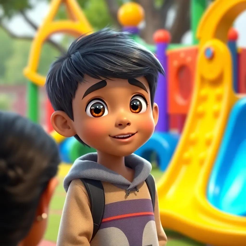 Ali, a young boy with sparkling eyes, telling friends about his adventure in math with Loka, surrounded by a colorful playground, engaging scene, upbeat and lively