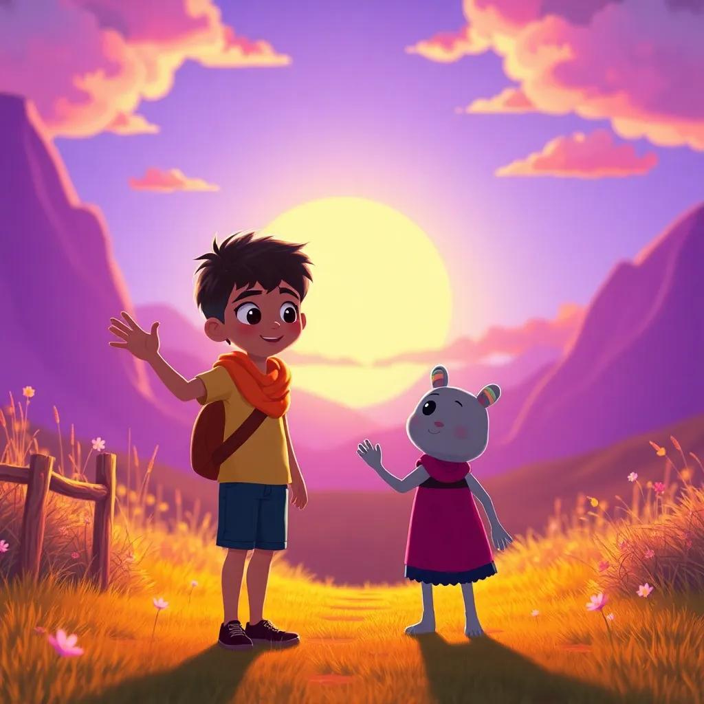 A bright sunset in the background as Ali waves goodbye to Loka, reflecting on how fun learning is, colorful and heartwarming, cheerful ending