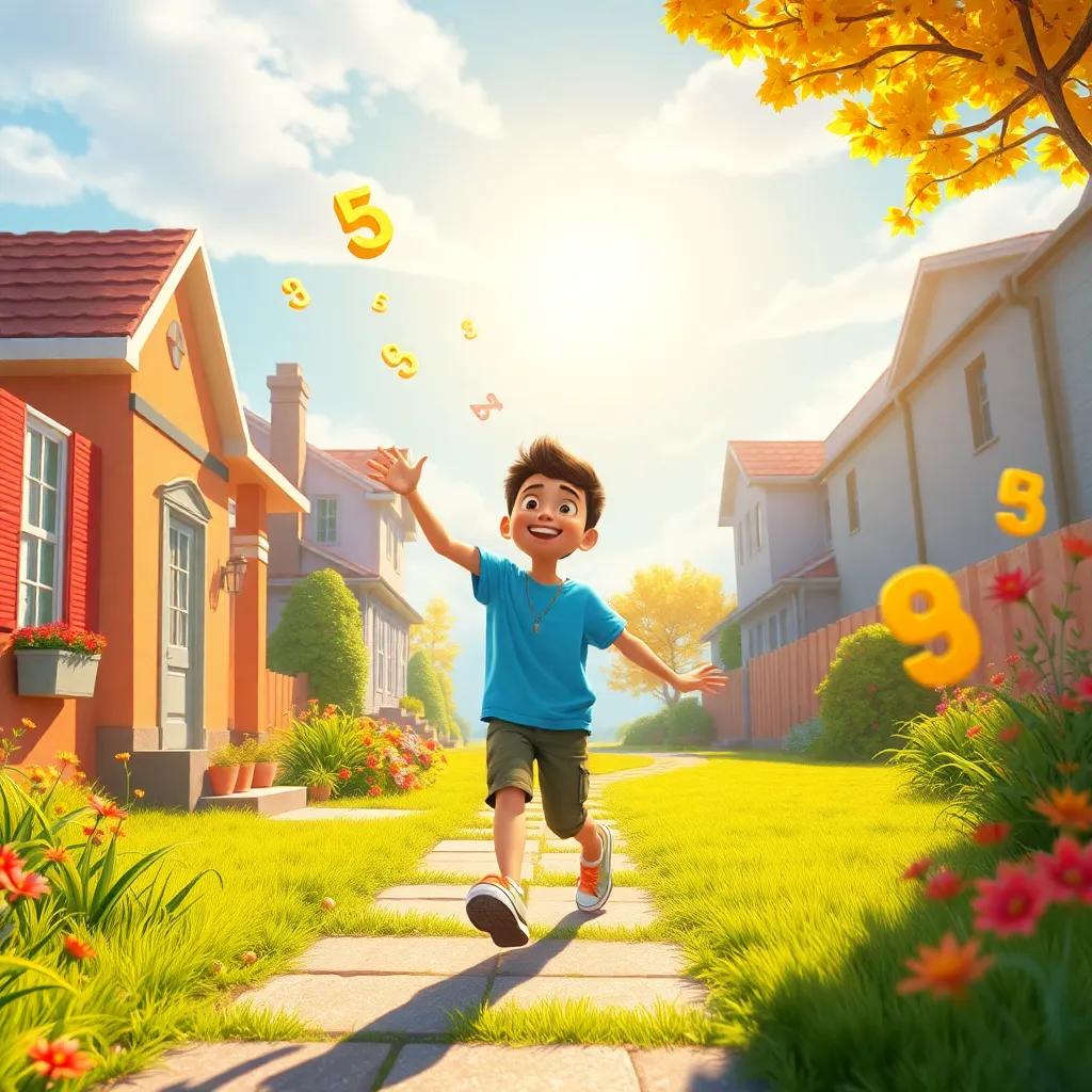 Ali joyfully walking home, thinking about how math is fun, with whimsical numbers floating around him, sunny and uplifting, vibrant and magical