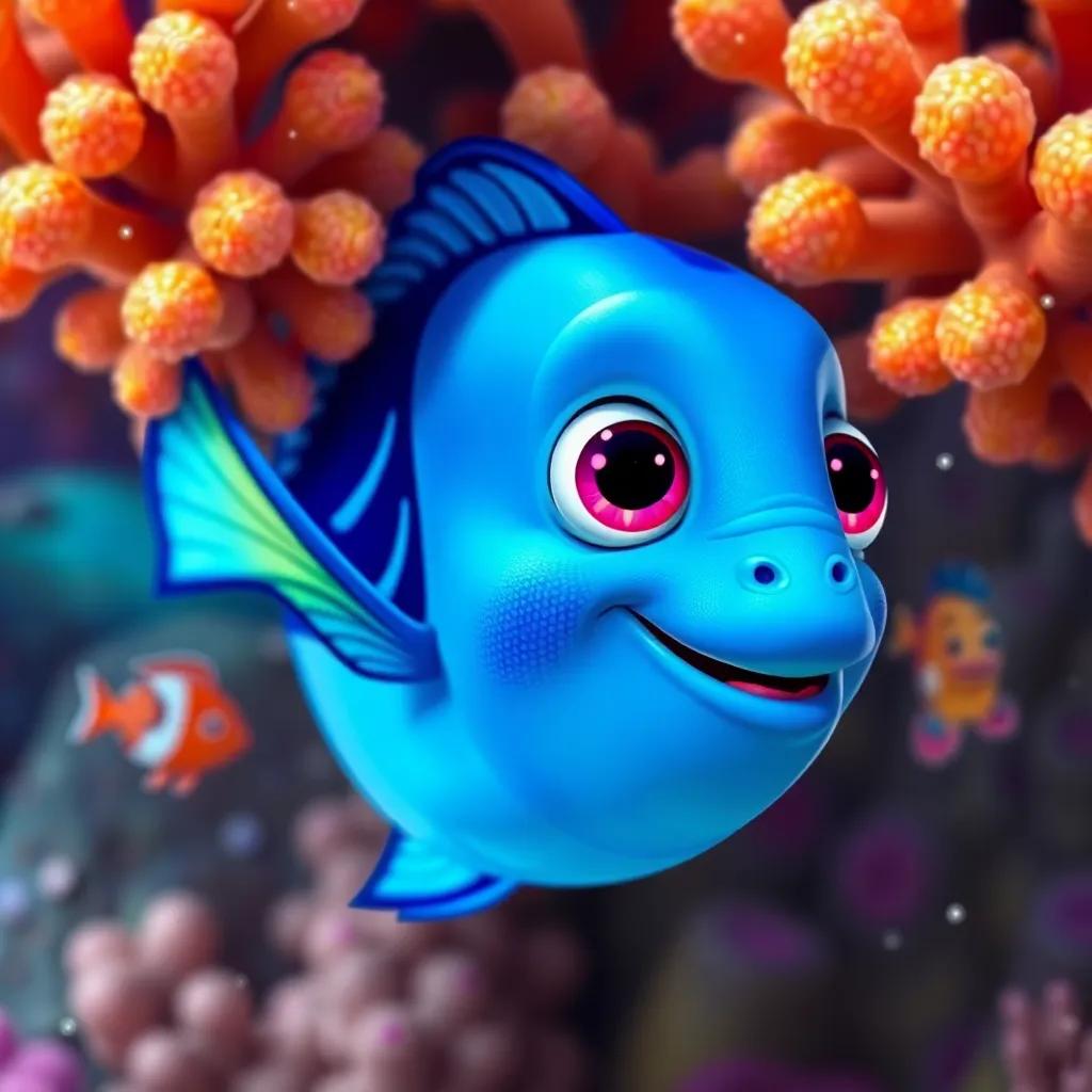 A small blue fish named Lulu with bright scales, hiding behind colorful coral with her friends in the sparkling ocean, digital art, vibrant colors, playful atmosphere, high quality