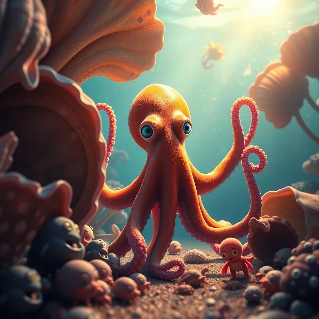 An amazing octopus with colorful tentacles coming out from between seashells, speaking gently to the scared sea creatures in a shimmering underwater scene, digital art, magical light, warm colors, inviting perspective, high quality