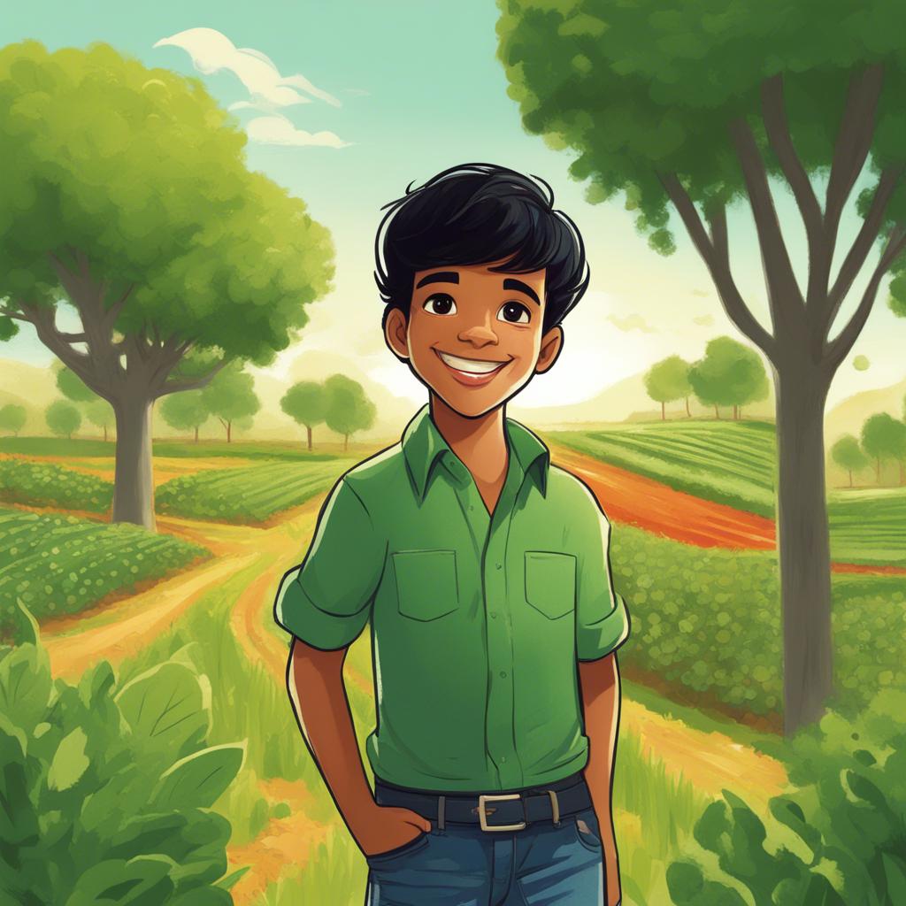 A young Arab boy, Ali, with short black hair, wearing a green shirt and blue jeans, standing happily in a lush green farm surrounded by trees and crops, digital art, cheerful atmosphere, bright colors, engaging scene, high quality