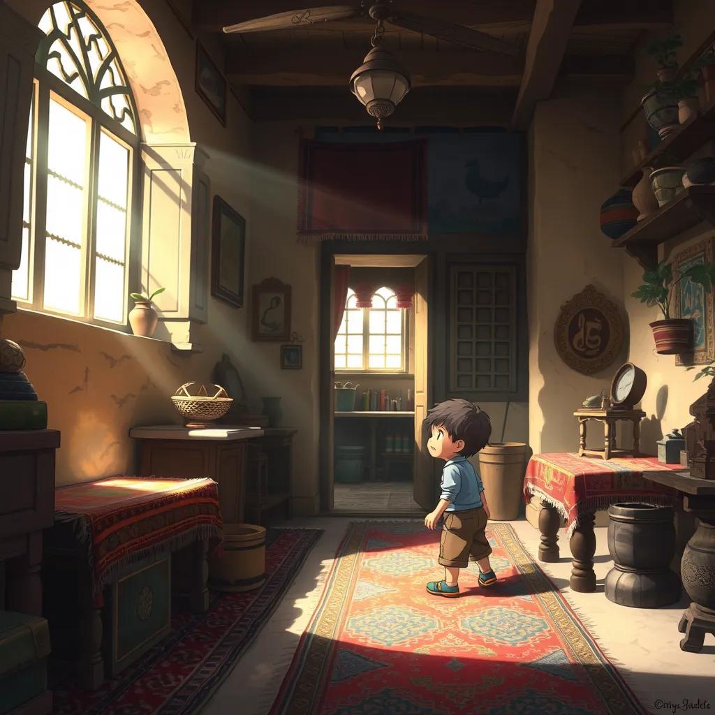 **Prompt:** A small boy exploring an old house in a traditional Arab village, surrounded by dusty antiques and colorful rugs, warm light filters in through a window, Charming and inviting atmosphere, High quality and ultra-realistic