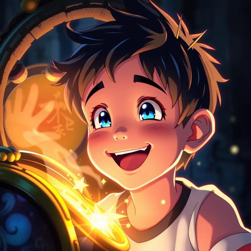**Prompt:** A magical genie appearing from an old lamp, glowing light illuminates the boy's joyful face, vibrant colors and sparkling effects, Closeup view, Stunningly detailed, Realistic