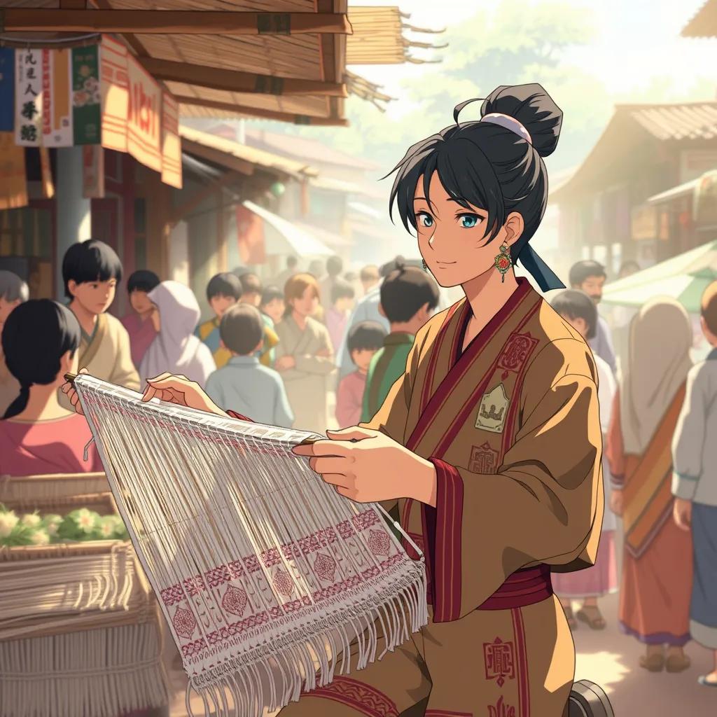 **Prompt:** A talented weaver showing intricate fabric in a busy village market, villagers gathered around, bright sunlight creating lively shadows, Colorful and lively scene, High quality and ultra-realistic