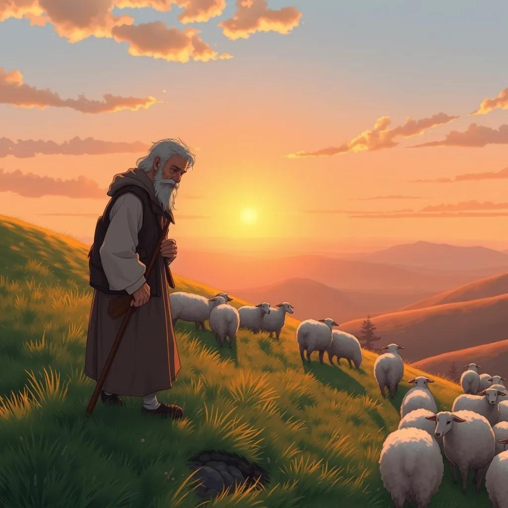 **Prompt:** An elderly shepherd tending to his sheep on a green hillside, the horizon stretching far, soft golden light of sunset, Peaceful and serene environment, Very detailed and realistic