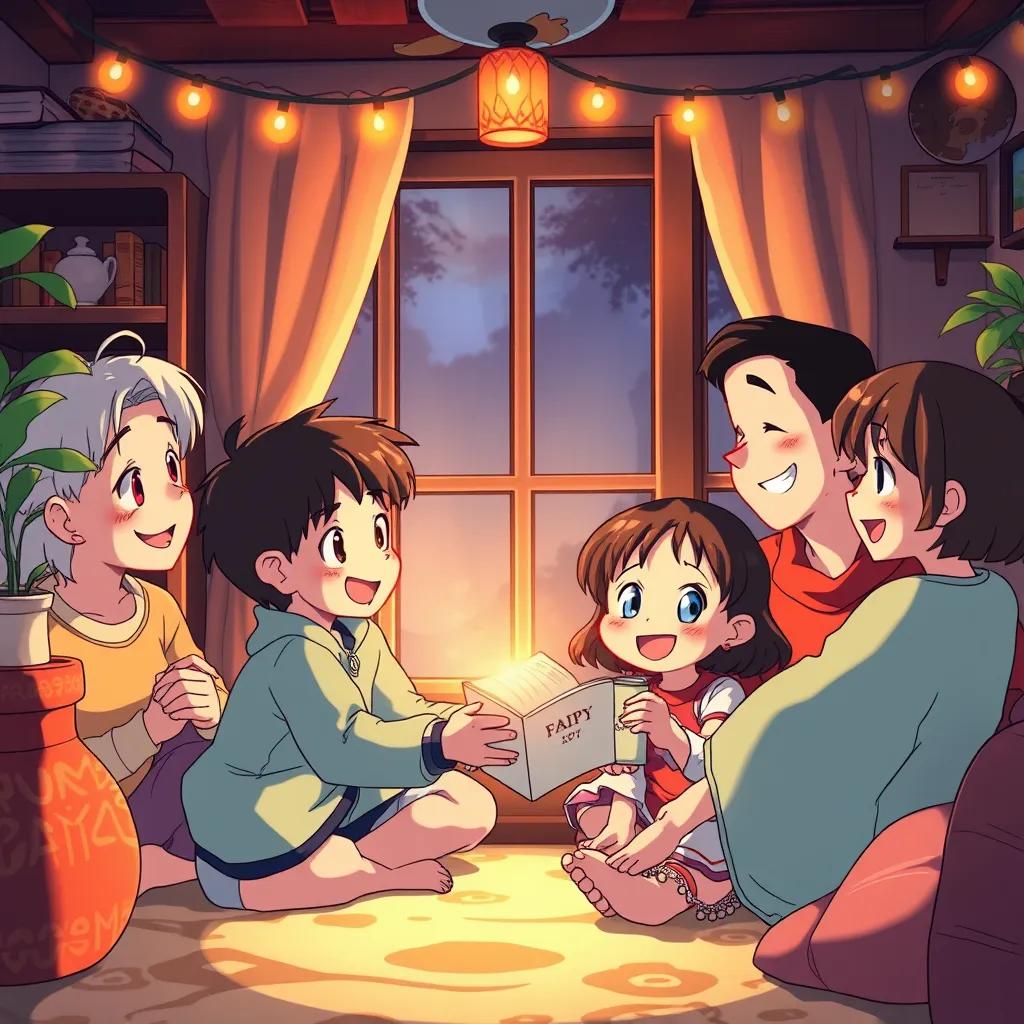 **Prompt:** A cozy scene of the boy telling his family about his adventures at home, warm lighting with smiles and laughter, Beautifully detailed illustration, Captivating and heartfelt