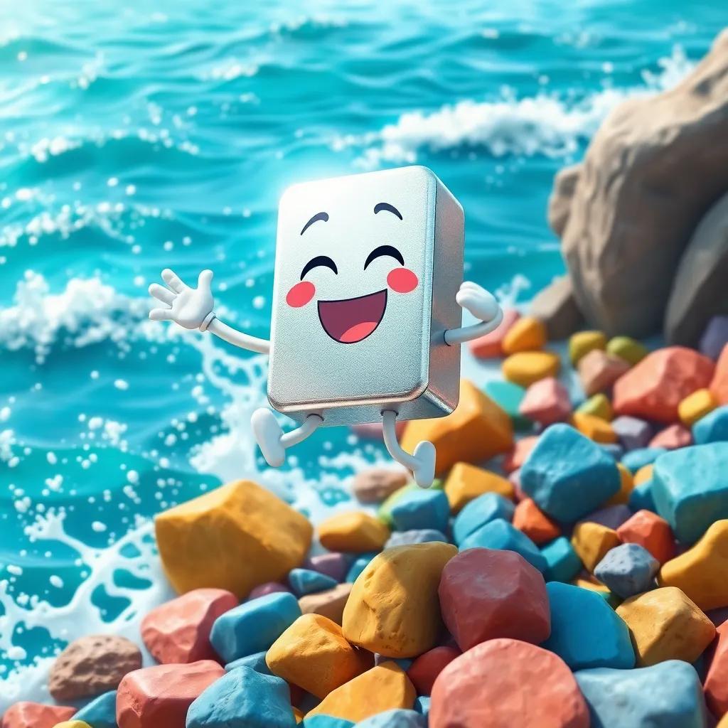 A joyful magnesium element, with a bright metallic silver shine, jumping excitedly towards the ocean, with a happy expression, surrounded by colorful rocks and cheerful sea waves, digital art, vibrant colors, playful atmosphere, high quality