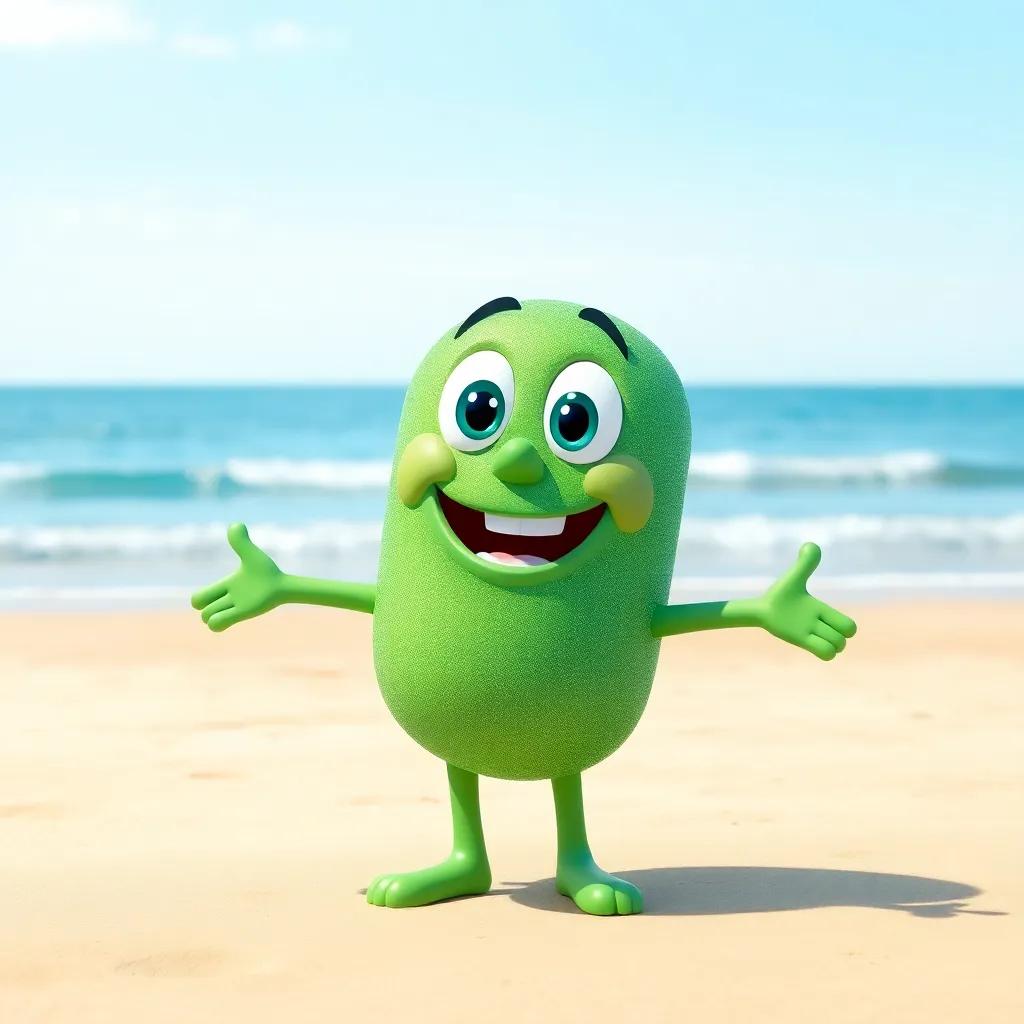 Chlorine element, represented as a green shimmering character, smiling broadly on a sandy beach, with clear blue skies and gentle waves in the background, greeting magnesium with open arms, cheerful and bright scene, digital illustration, engaging and friendly, high quality